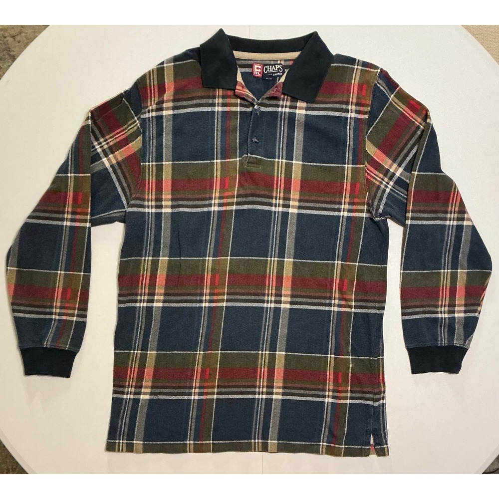 VTG Y2K‎ Chaps Ralph Lauren Plaid Long Sleeve Polo Shirt Mens XL Navy Green 90s